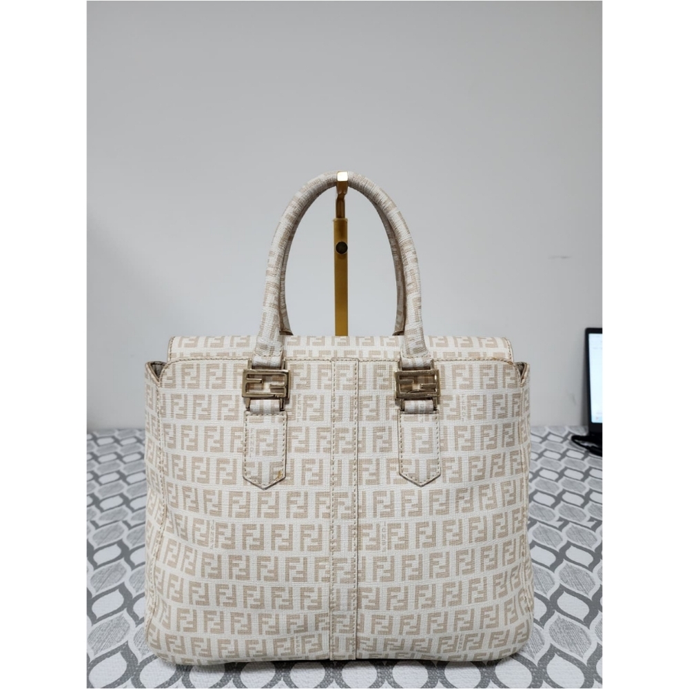 Fendi Zucchino Coated Canvas FF Handle Tote Bag Beige